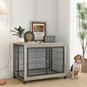 Furniture Style Dog Crate Side Table on Wheels with Double Doors and Lift Top.